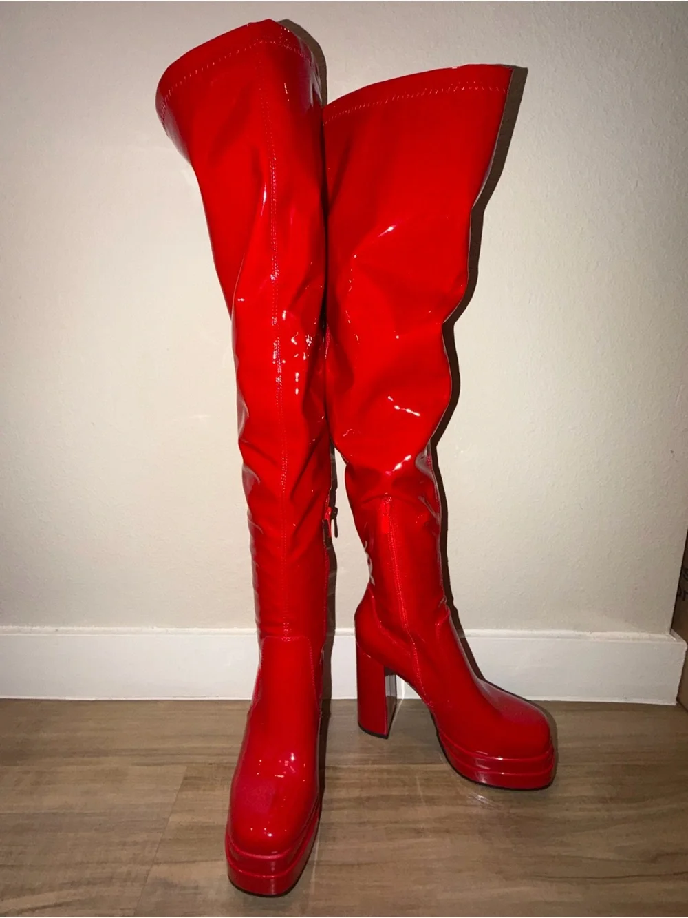 Red Leather Over-the-Knee Platform Boots - Women